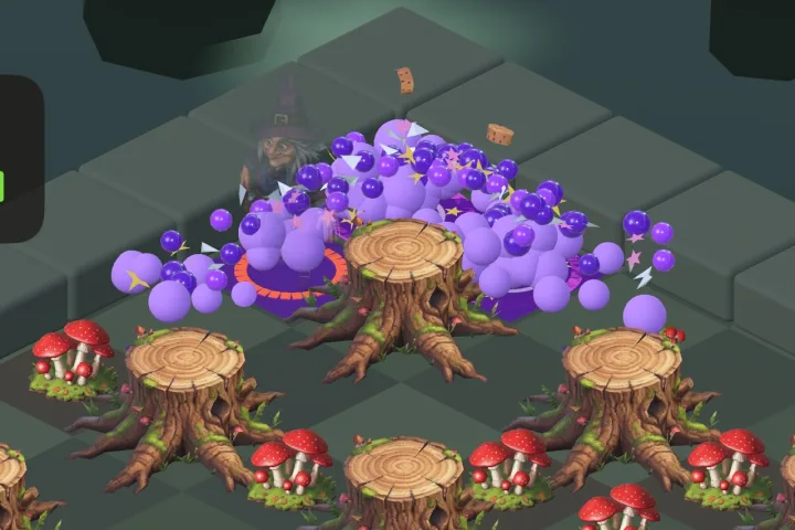 Granny Gurgle's potion bottle bursts into purple bubbles in the witch forest.
