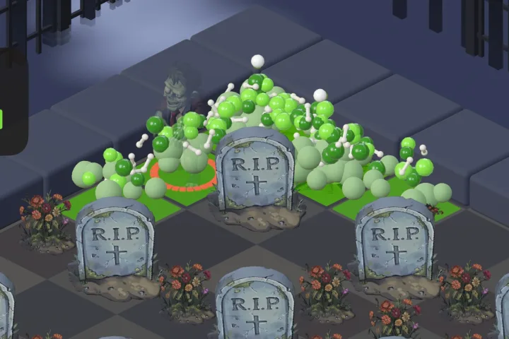 Headbert's head bursts into green slime and bones on the graveyard.