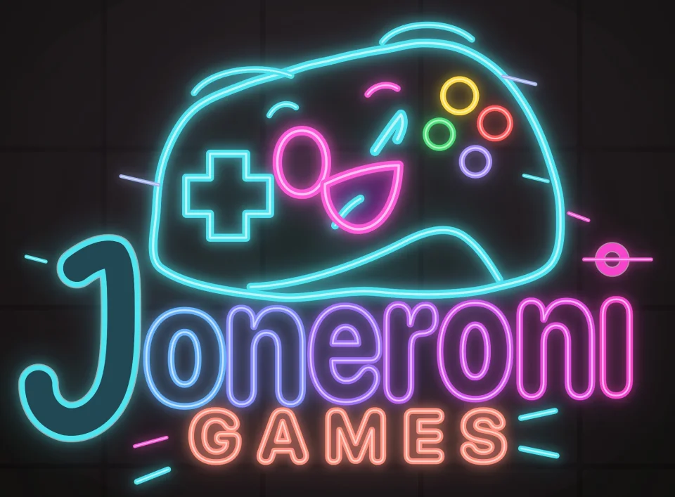 Joneroni Games logo: a winking neon gamepad above the lettering.