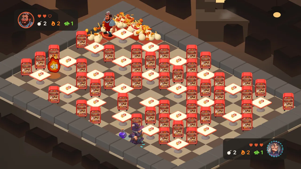 Don Nuggetto's nugget bucket goes off in the fast-food restaurant while Granny Gurgle sets down her potion. A power-up waits on the left, both players' hearts are shown in the corners.