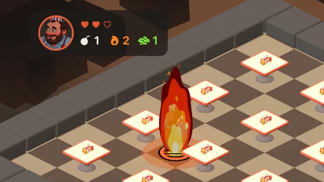 A column of fire bursts from the floor under Don Nuggetto in an arena that has been cleared. His hearts show two left.