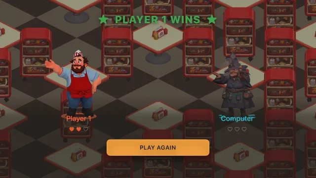 Result screen: Don Nuggetto celebrates his win, Granny Gurgle stands next to him covered in soot.