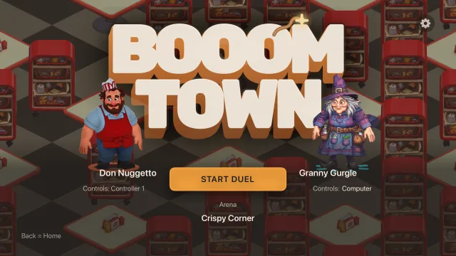 Character selection: Don Nuggetto and Granny Gurgle stand left and right of the Booomtown logo, Crispy Corner is chosen as the arena.
